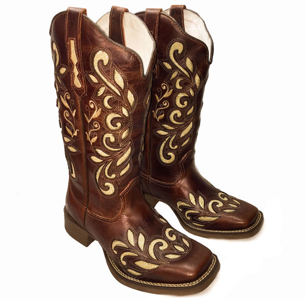 Bota Texana Feminina Laser Fossil Sola Marrom Bico Quadrado