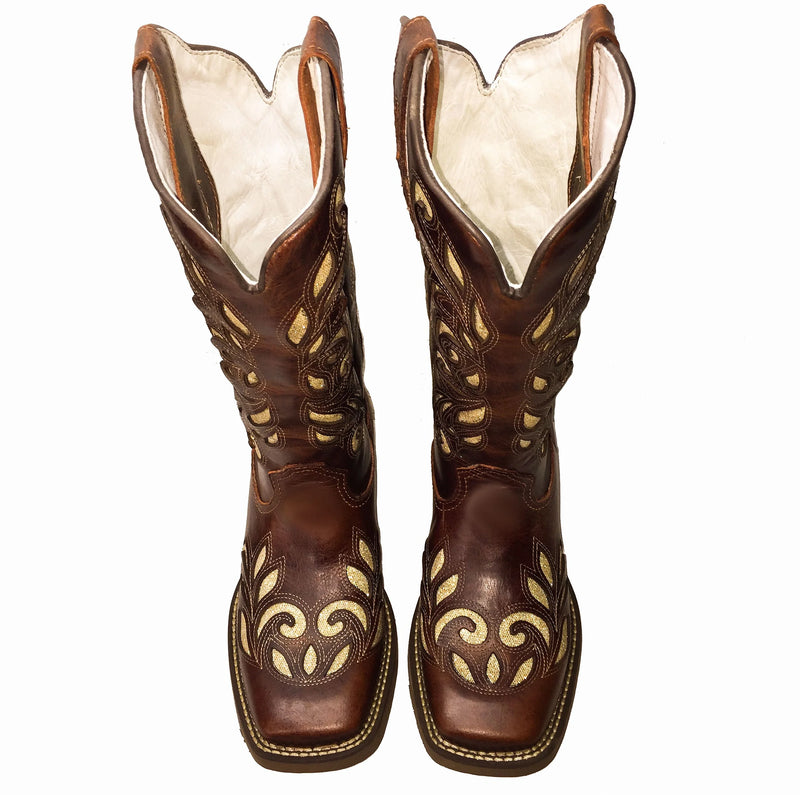 Bota Texana Feminina Laser Fossil Sola Marrom Bico Quadrado