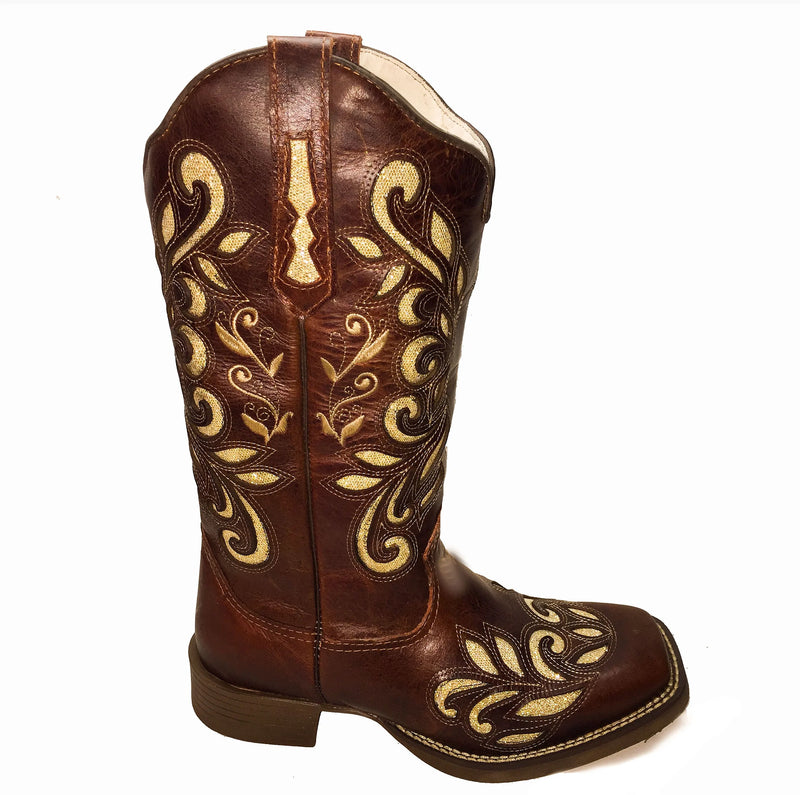 Bota Texana Feminina Laser Fossil Sola Marrom Bico Quadrado