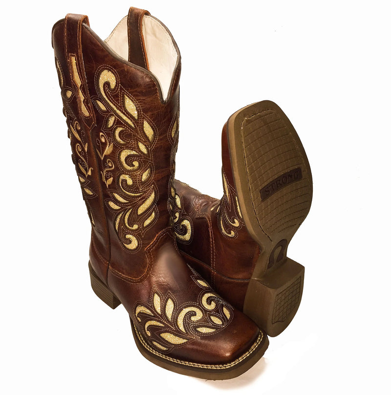 Bota Texana Feminina Laser Fossil Sola Marrom Bico Quadrado