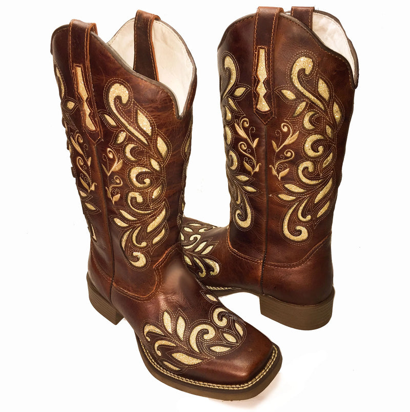 Bota Texana Feminina Laser Fossil Sola Marrom Bico Quadrado